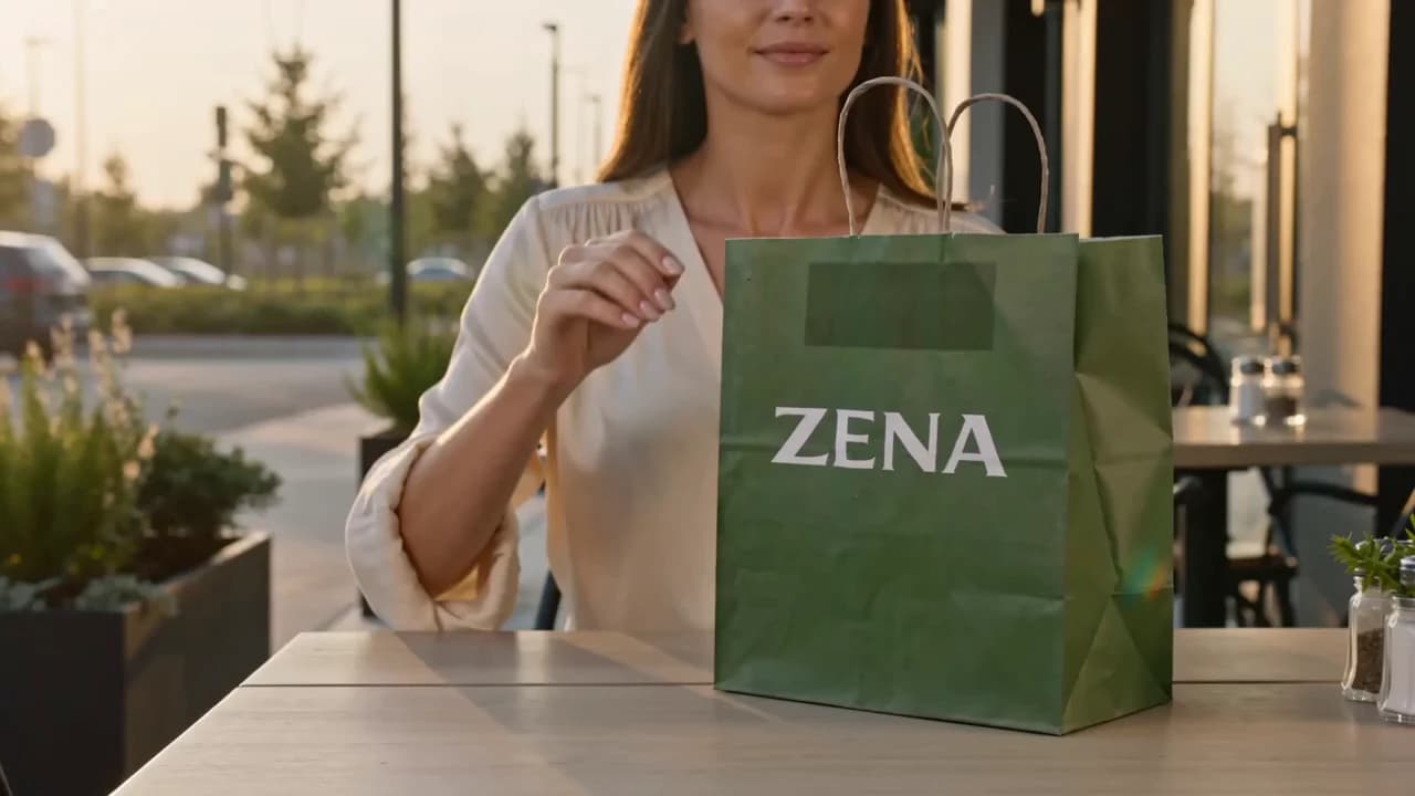 A guest at a table outside ZENA, holding a ZENA takeaway bag at sunset